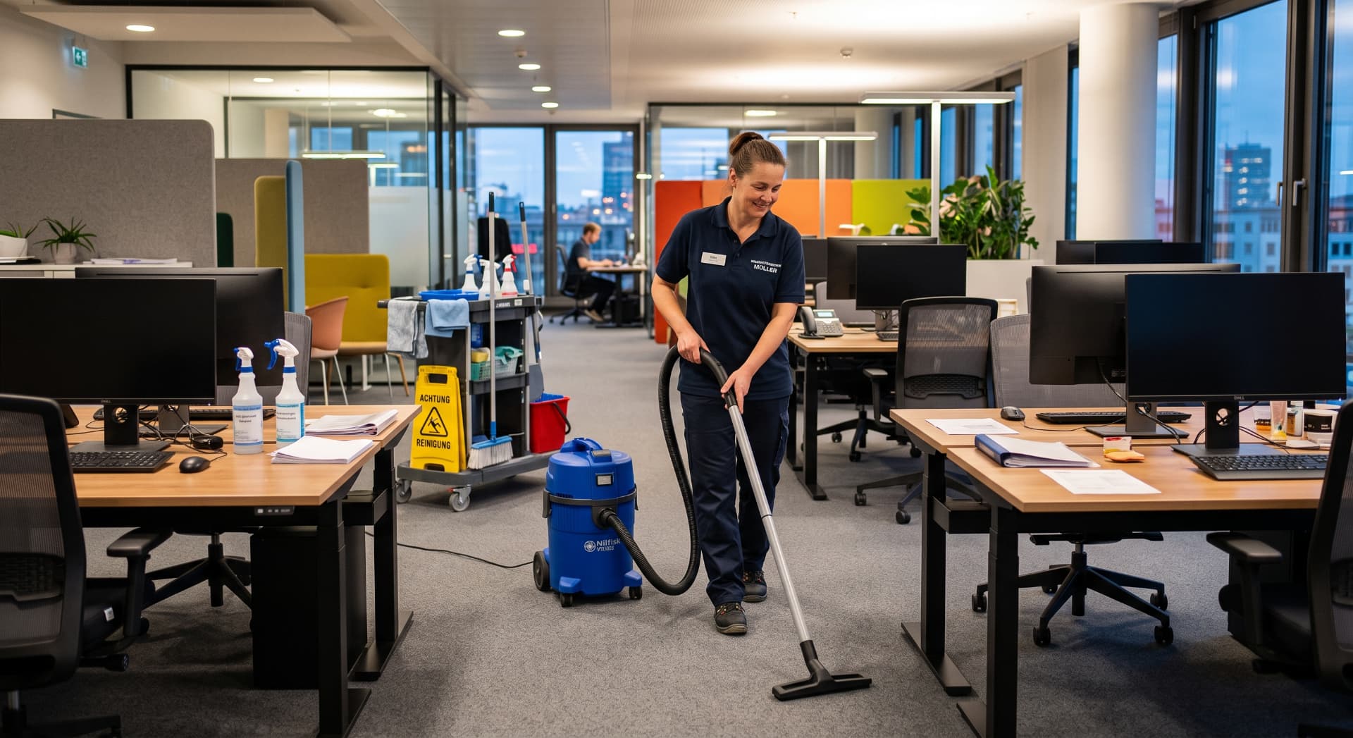 Reinigungskraft saugt das Büro mit Staubsauger