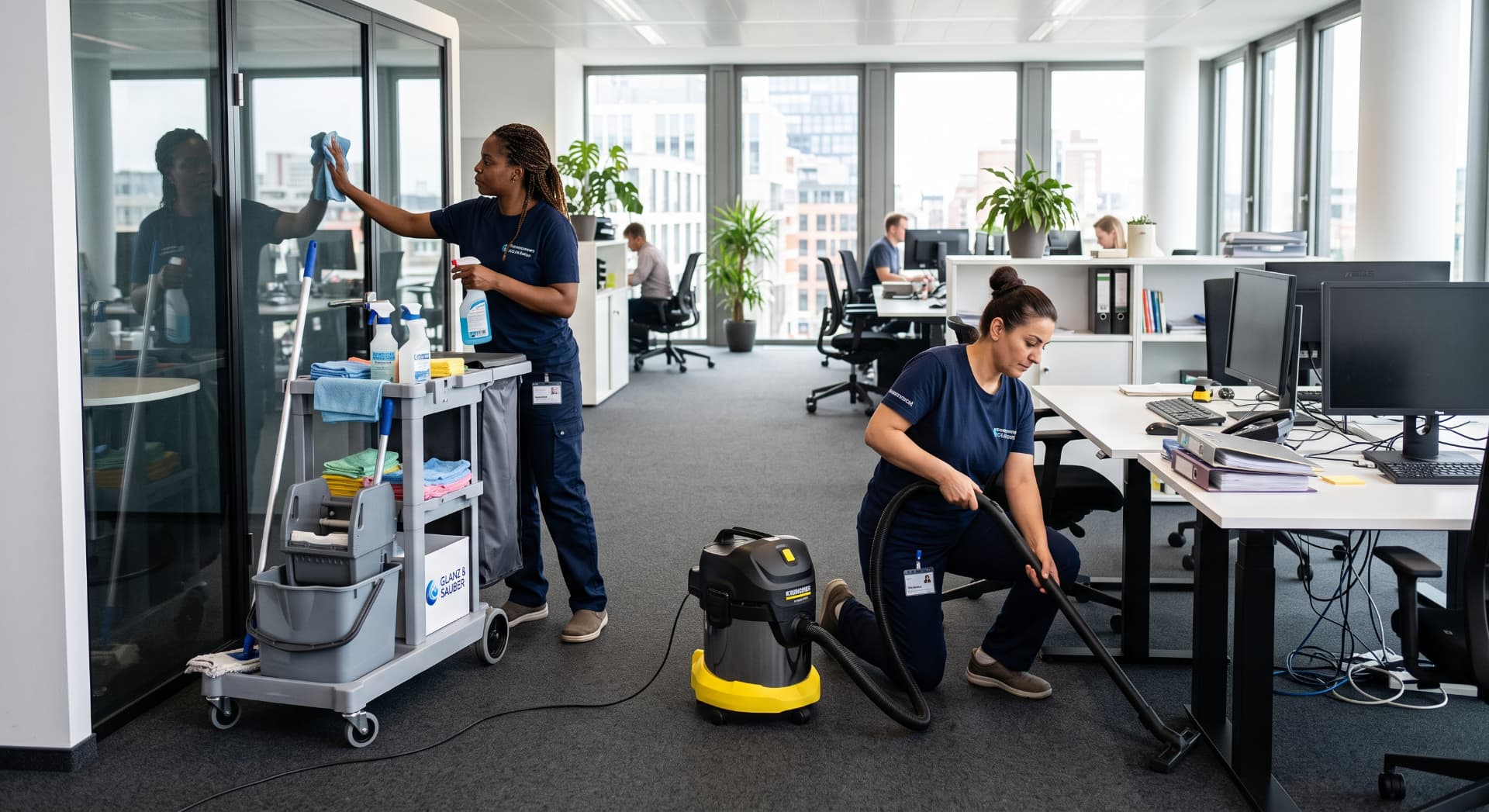 Reinigungskräfte reinigen Glaswand und saugen Büro
